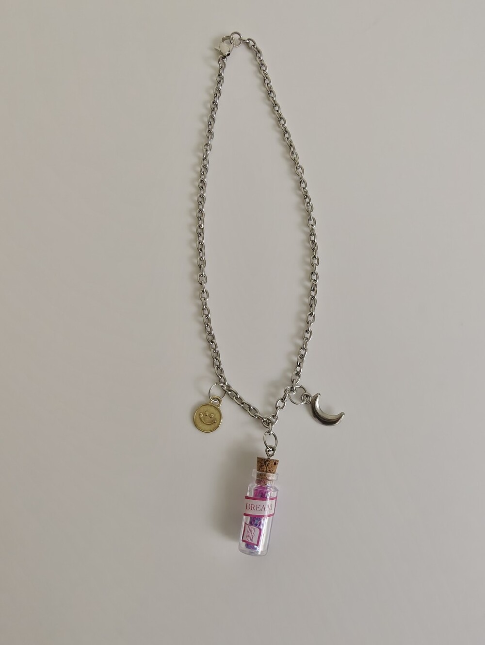 Silver Chain Necklace with Pink Bottle Charm and Crescent